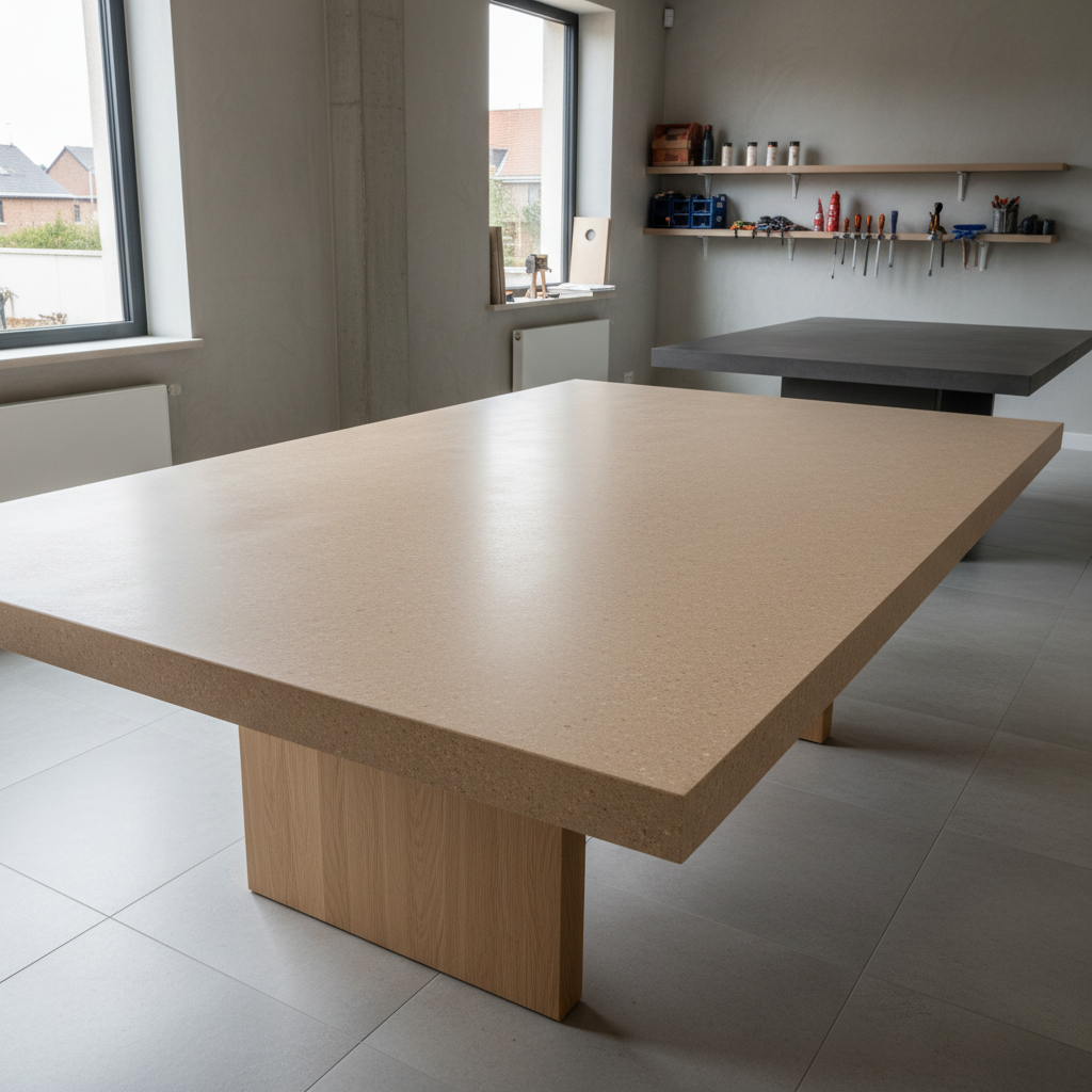 négocier délais fabricant mobilier artisanal table mortex béton minéral atelier belge