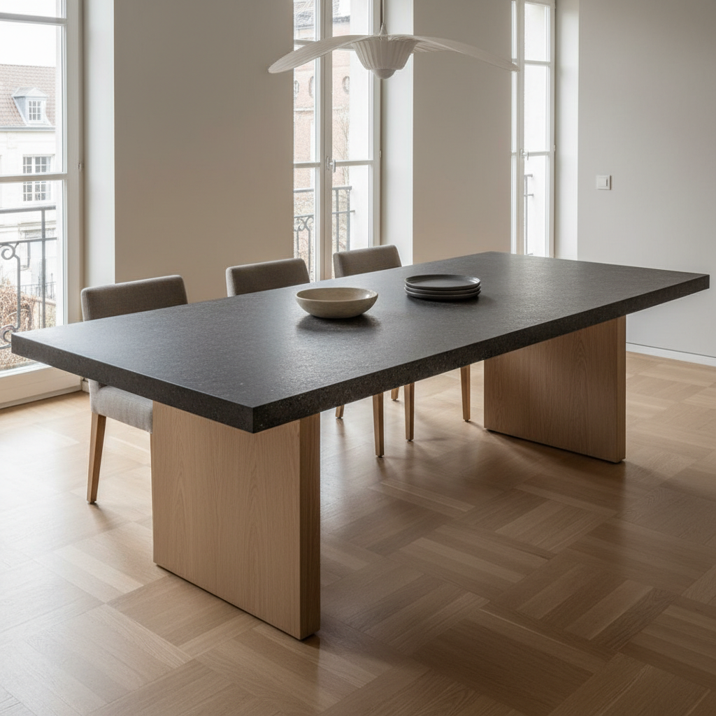 Mobilier Artisanal Belgique : 12 Créateurs Incontournables table à manger mortex béton foncé sur mesure négocier délais fabricant <a href=