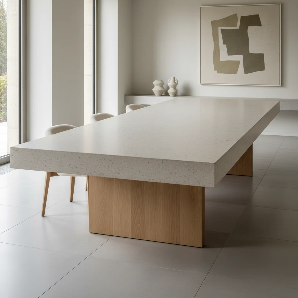 Table à manger en mortex béton clair, exemple de fabrication mobilier contemporain belge par Nuage Atelier