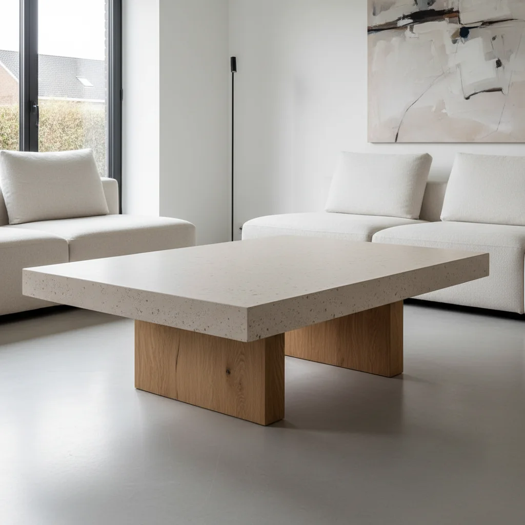 Table basse design minimaliste belgique en mortex coloris lin avec piètement bois dans un intérieur épuré