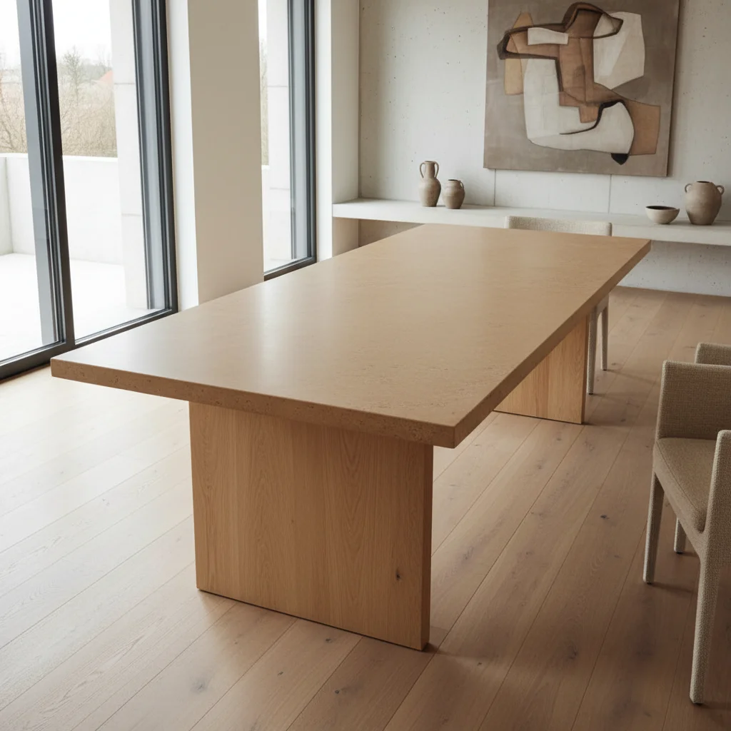 Table salle à manger haut de gamme en mortex béton ciré coloris lin, intérieur contemporain épuré, fabrication artisanale belge