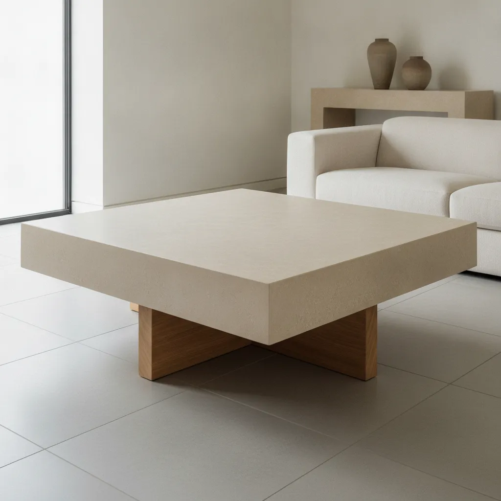 table basse design blanche en mortex béton ciré teinte sable dans un salon contemporain épuré