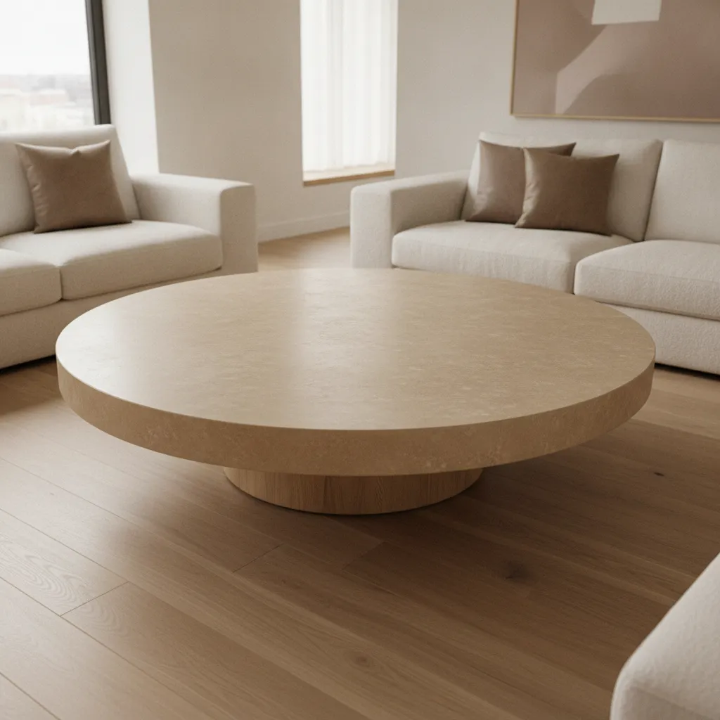 table basse design blanche ronde en mortex béton ciré teinte lin dans un salon minimaliste