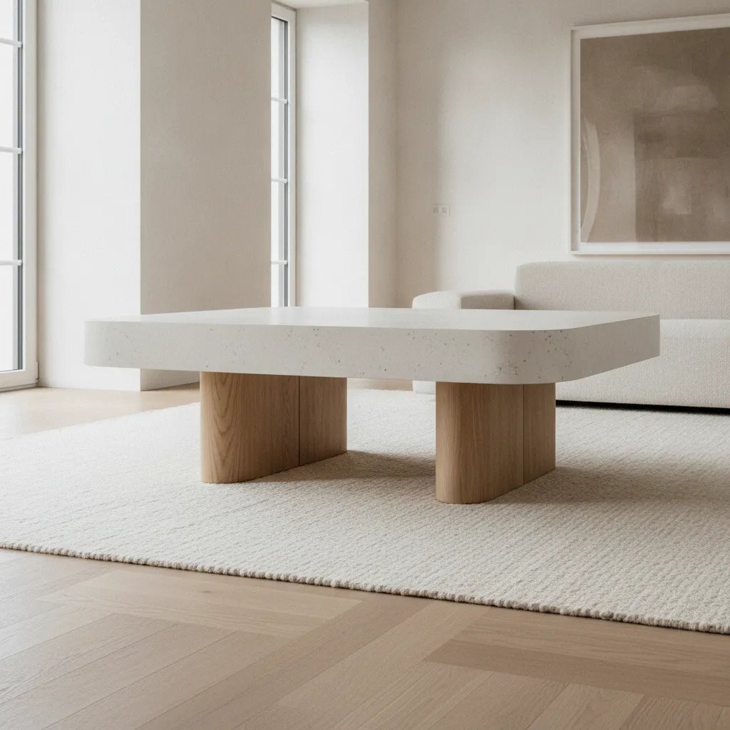 table basse design blanche en mortex béton clair dans un salon contemporain avec tapis laine naturelle