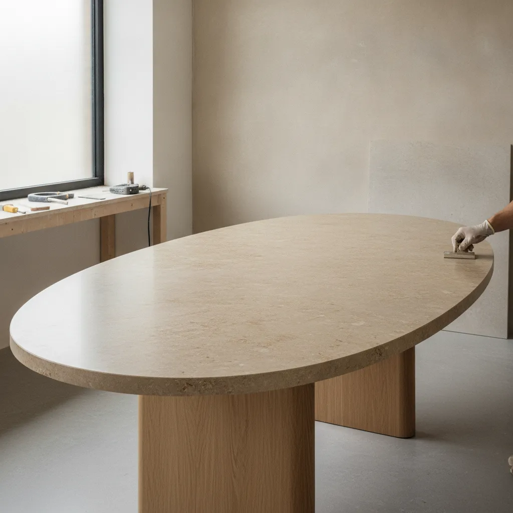 Artisan fabrication artisanale tables belgique application mortex béton ciré à la main atelier Nuage