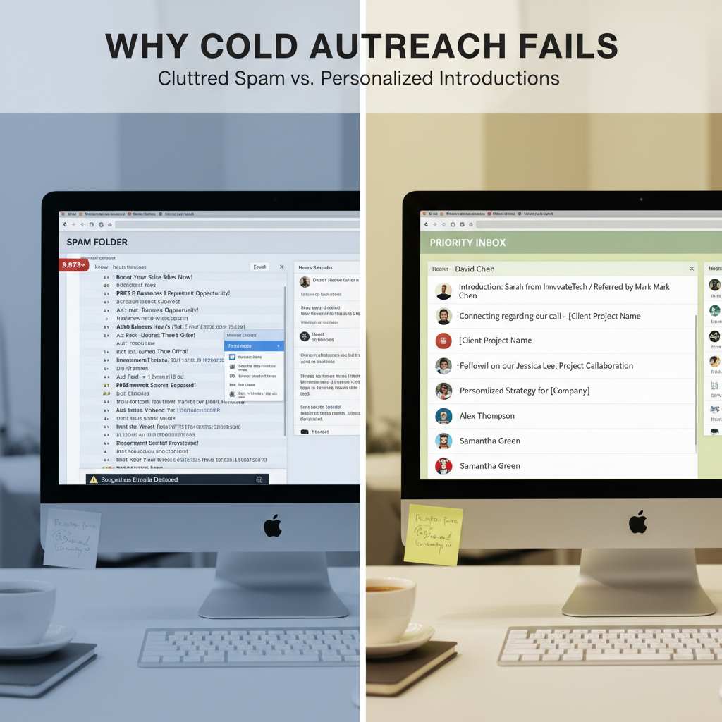 visual representation of why cold outreach fails compared to warm introduction success