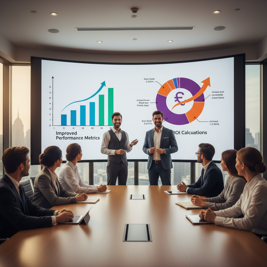 Business Intelligence for Sales: Turn Data Into Revenue 3 Sales team using business intelligence for sales to present ROI results and performance improvements