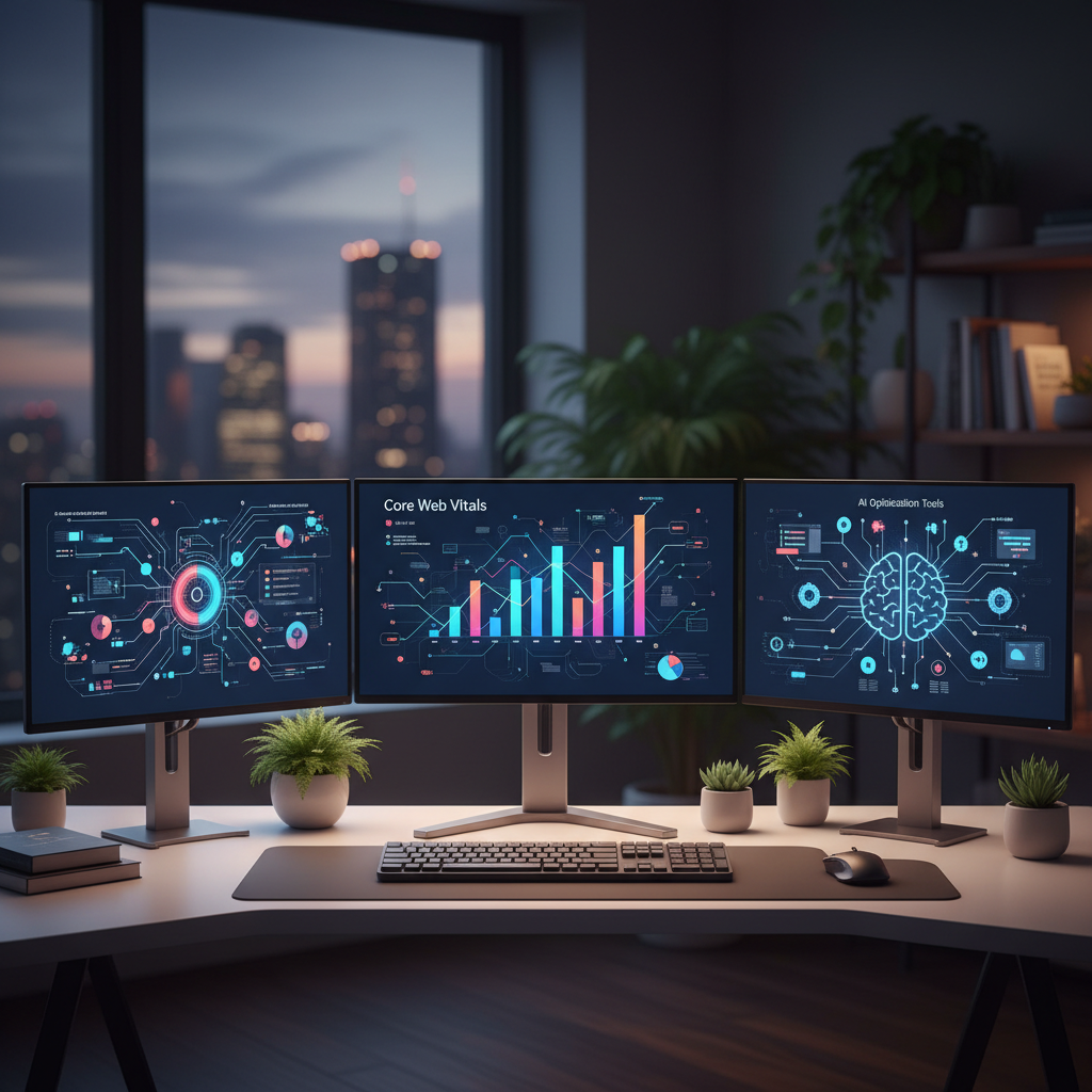 Advanced SEO services workspace with modern optimization tools and performance metrics for 2026