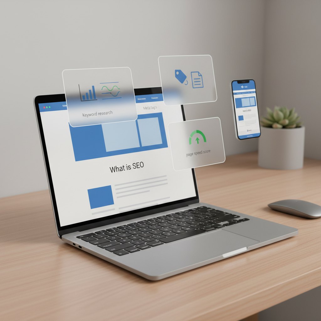 what is SEO best practices shown through a laptop displaying SEO content optimization tools and a technical checklist dashboard