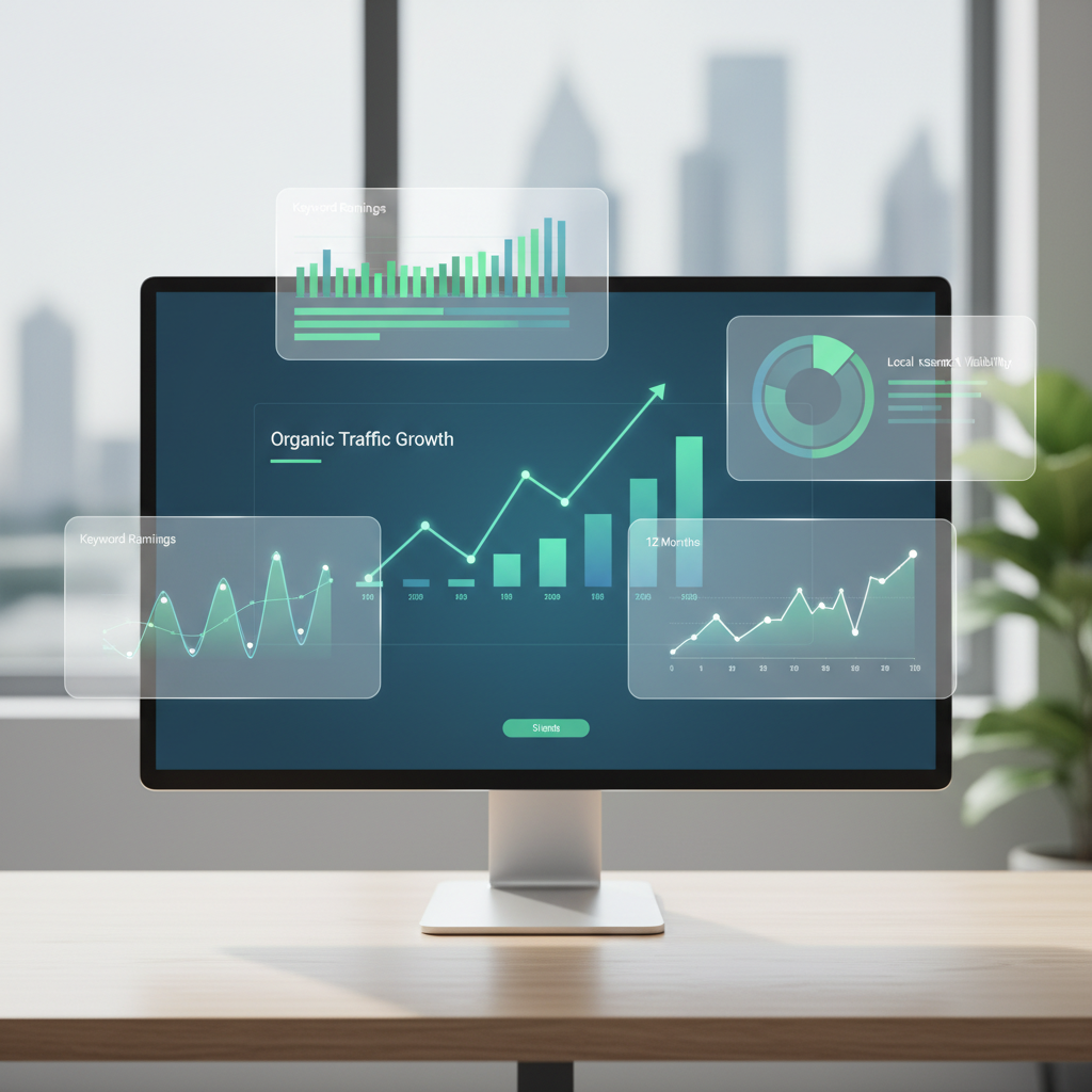 what is SEO illustrated through an SEO analytics dashboard showing keyword rankings and organic traffic growth on a desktop monitor