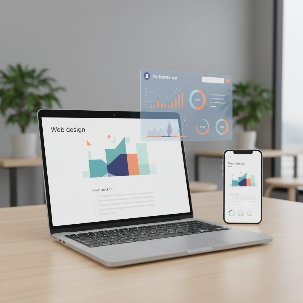 web design near me project checklist and analytics mockup showing common mistakes to avoid