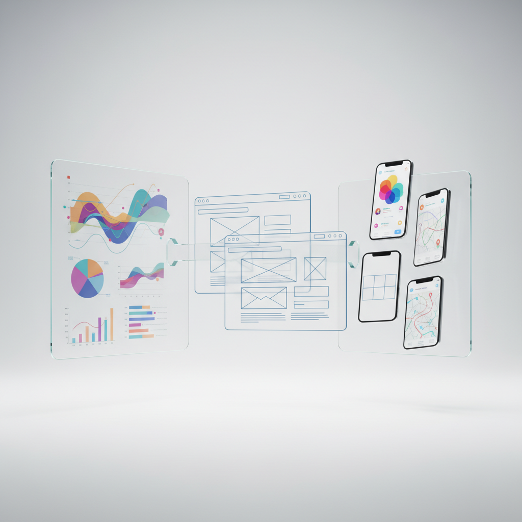 website design company dashboard showing analytics and wireframe mockups on multiple devices