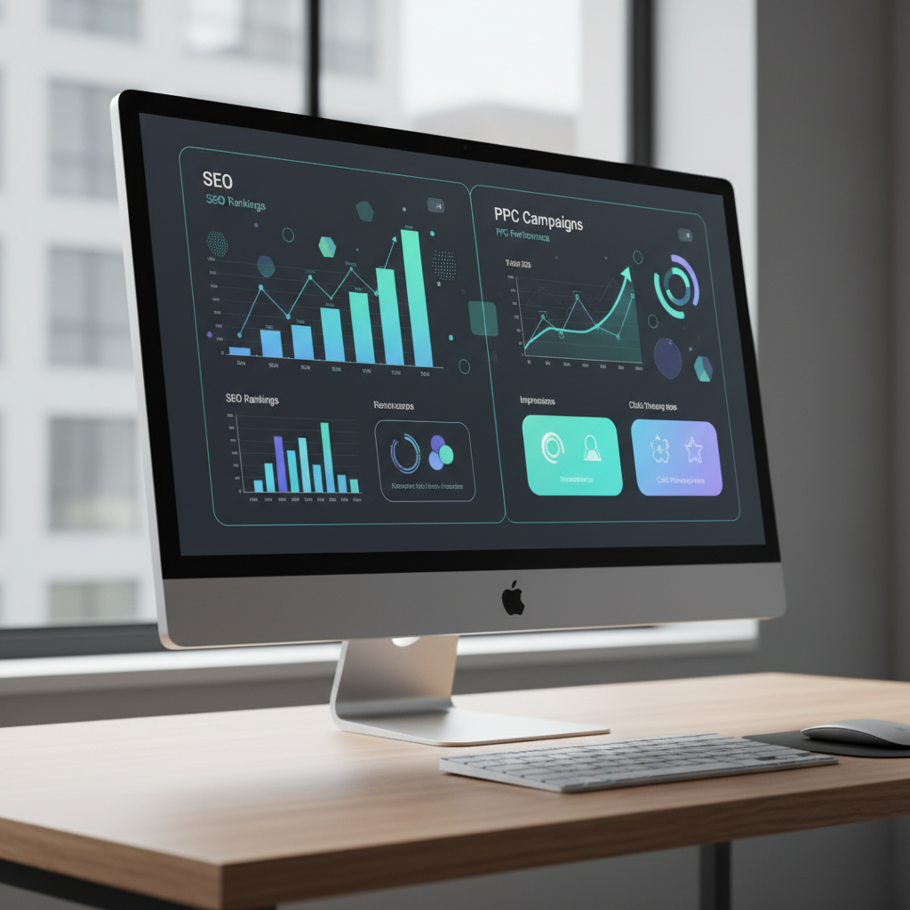 types of digital marketing channels shown on a desktop dashboard mockup with SEO and PPC performance data