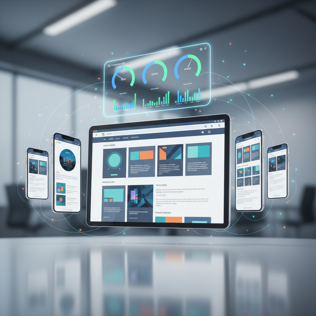 best practices for website development services shown on mobile and desktop with performance dashboard