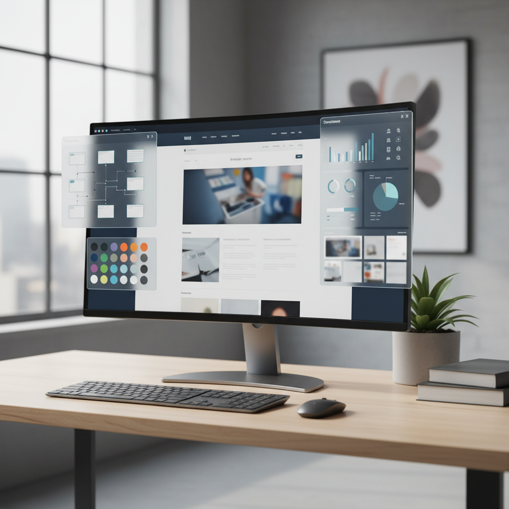 website development services workflow displayed on desktop with wireframe and CMS dashboard panels