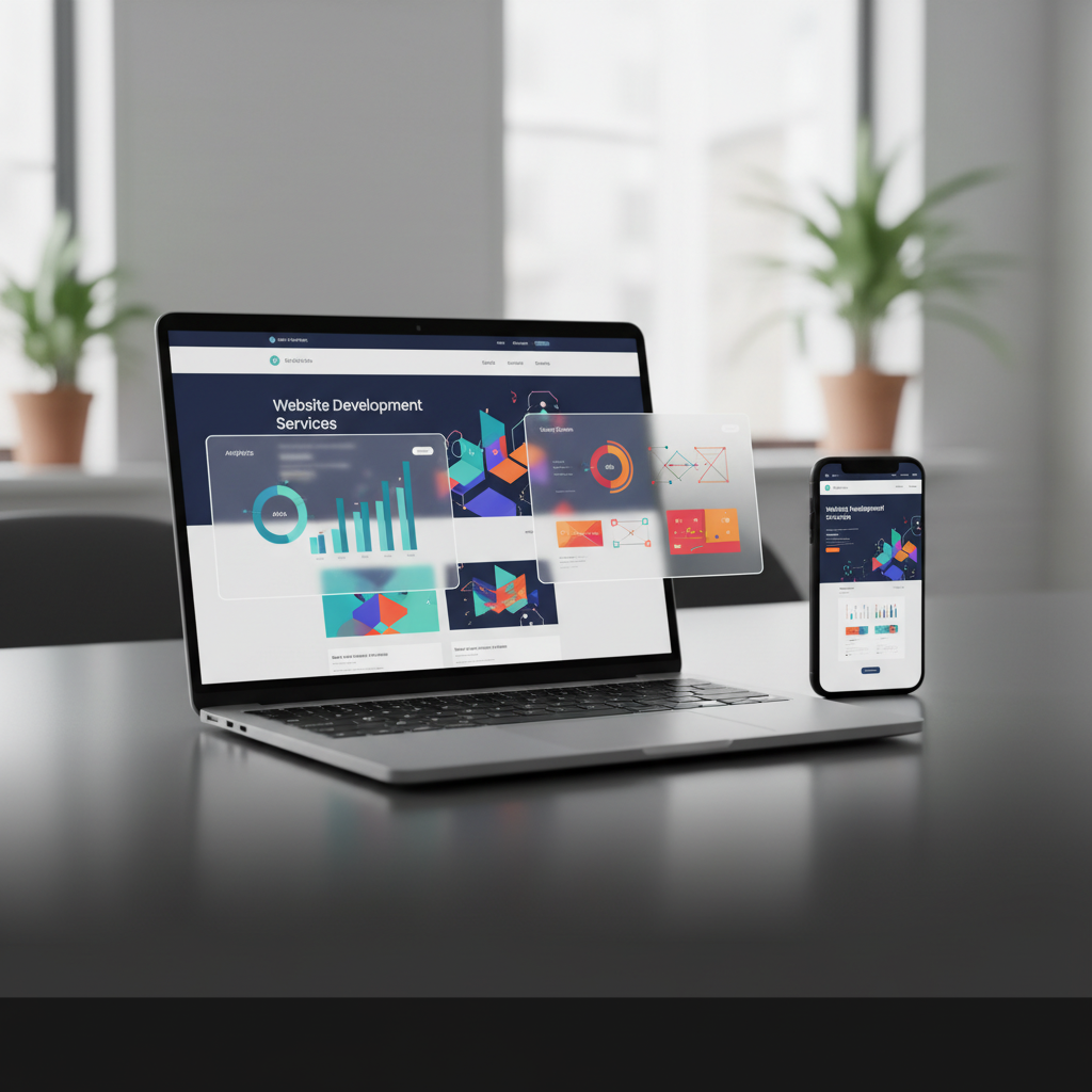 professional website development services shown on laptop and mobile device with dashboard overlays