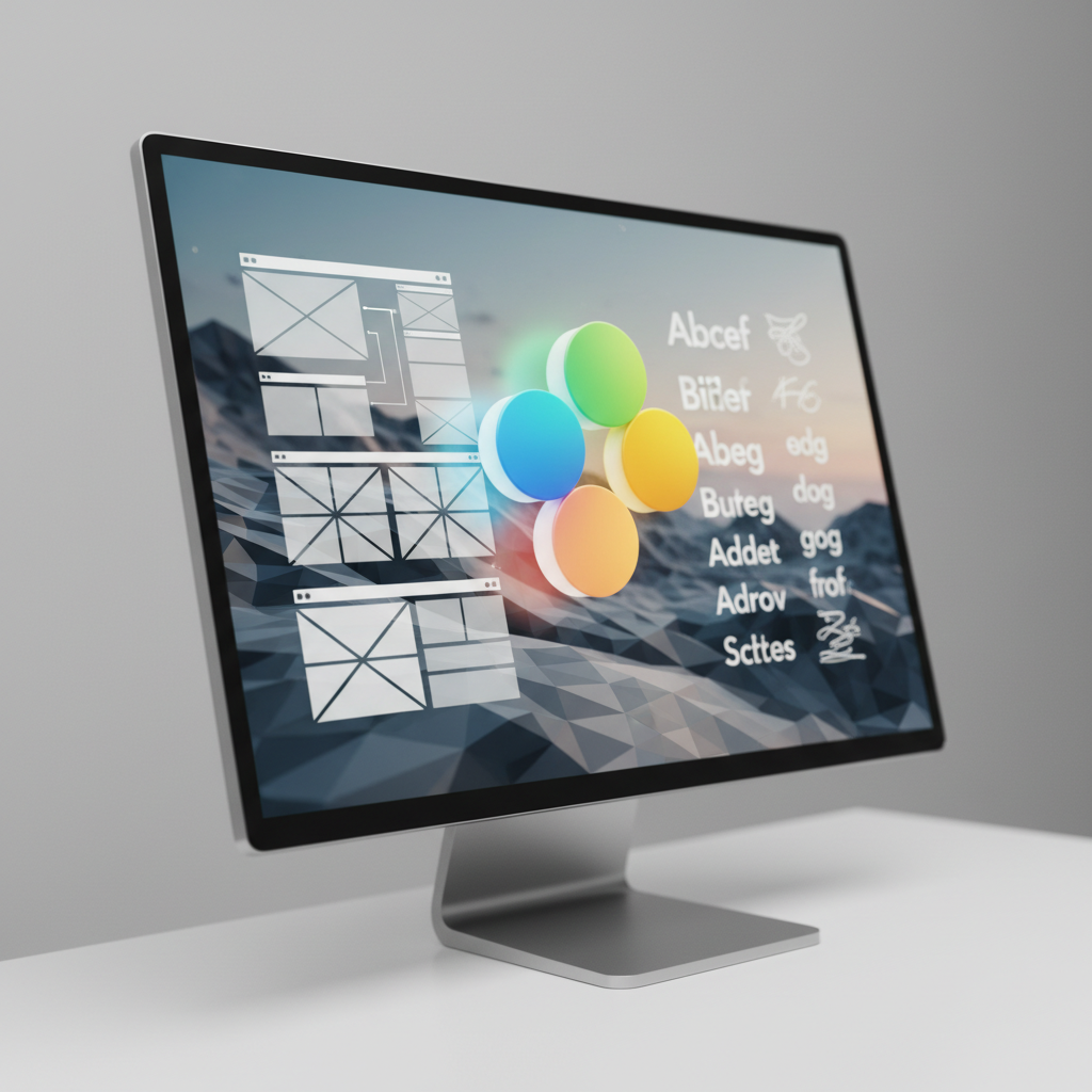 graphic design services workflow shown on desktop monitor with design process dashboard