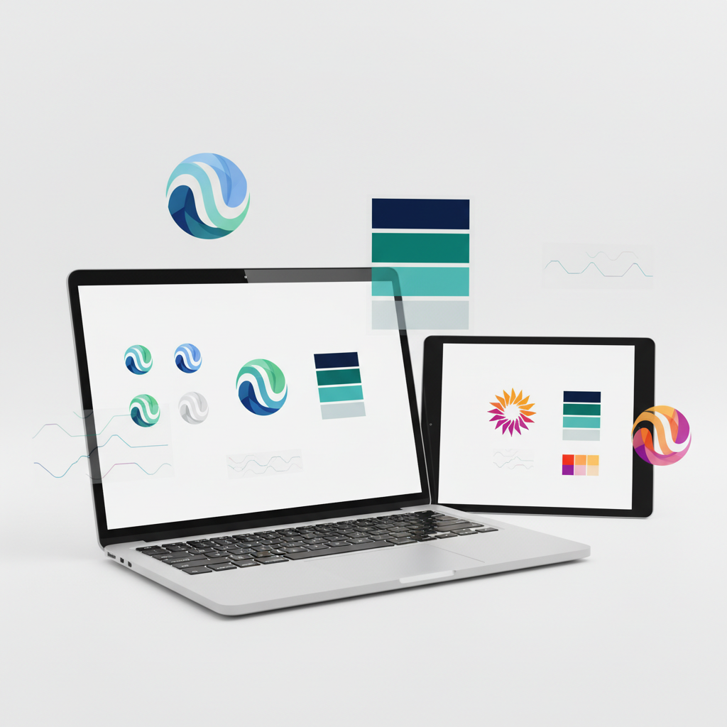 graphic design services brand guidelines displayed on tablet and laptop device mockup