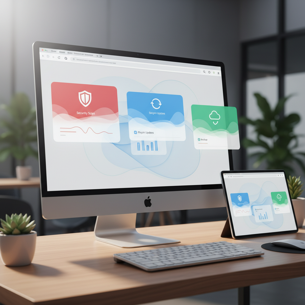 website maintenance services checklist showing security scans and plugin updates on desktop and tablet