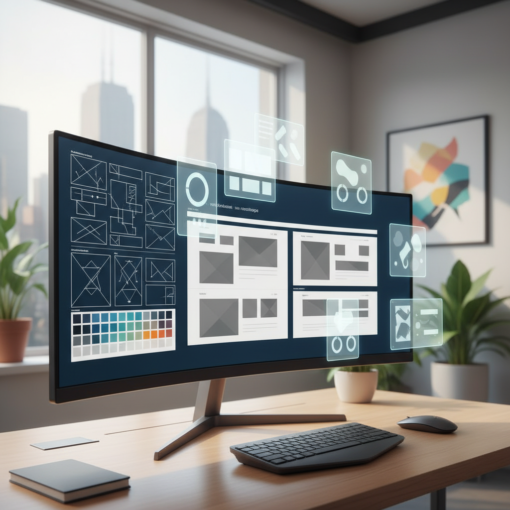 Web design services project planning dashboard showing wireframes and design layouts