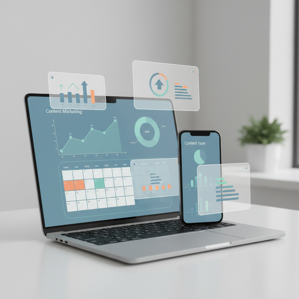 content marketing strategy performance metrics and analytics on laptop and mobile screens