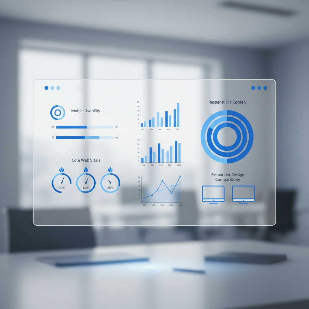 Responsive website design performance audit dashboard showing Core Web Vitals and mobile usability scores
