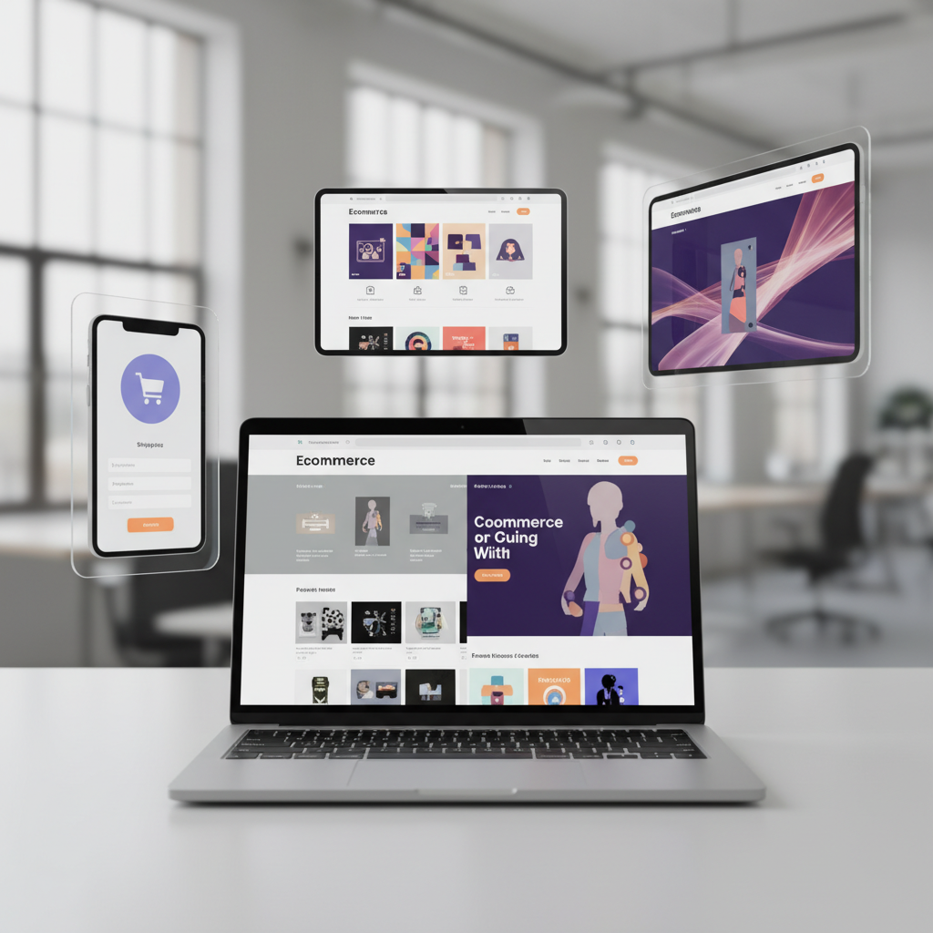 ecommerce website design comparison showing desktop and mobile layouts with product pages and checkout flow