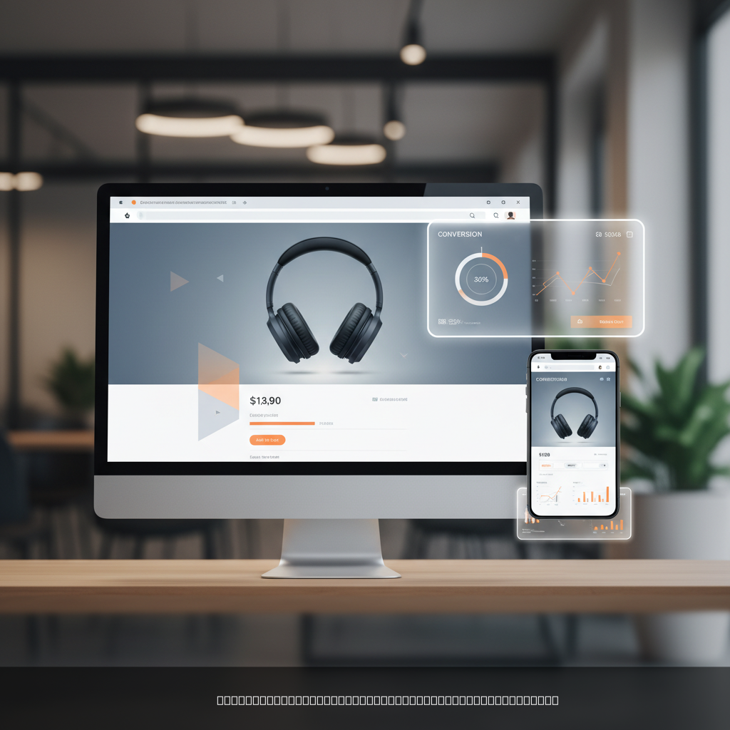 ecommerce website design displayed on desktop and mobile devices with conversion metrics