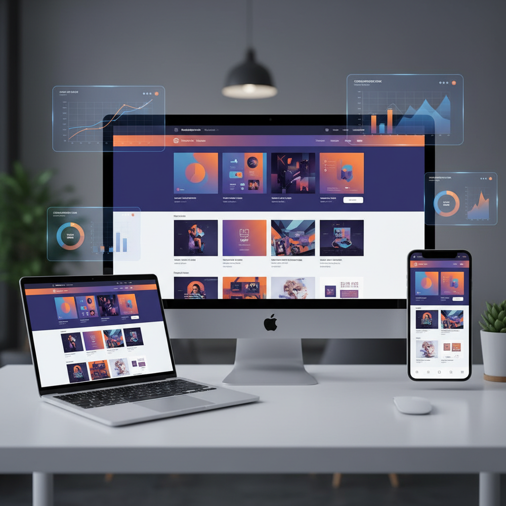 responsive web design portfolio displayed across desktop laptop and mobile with analytics dashboard