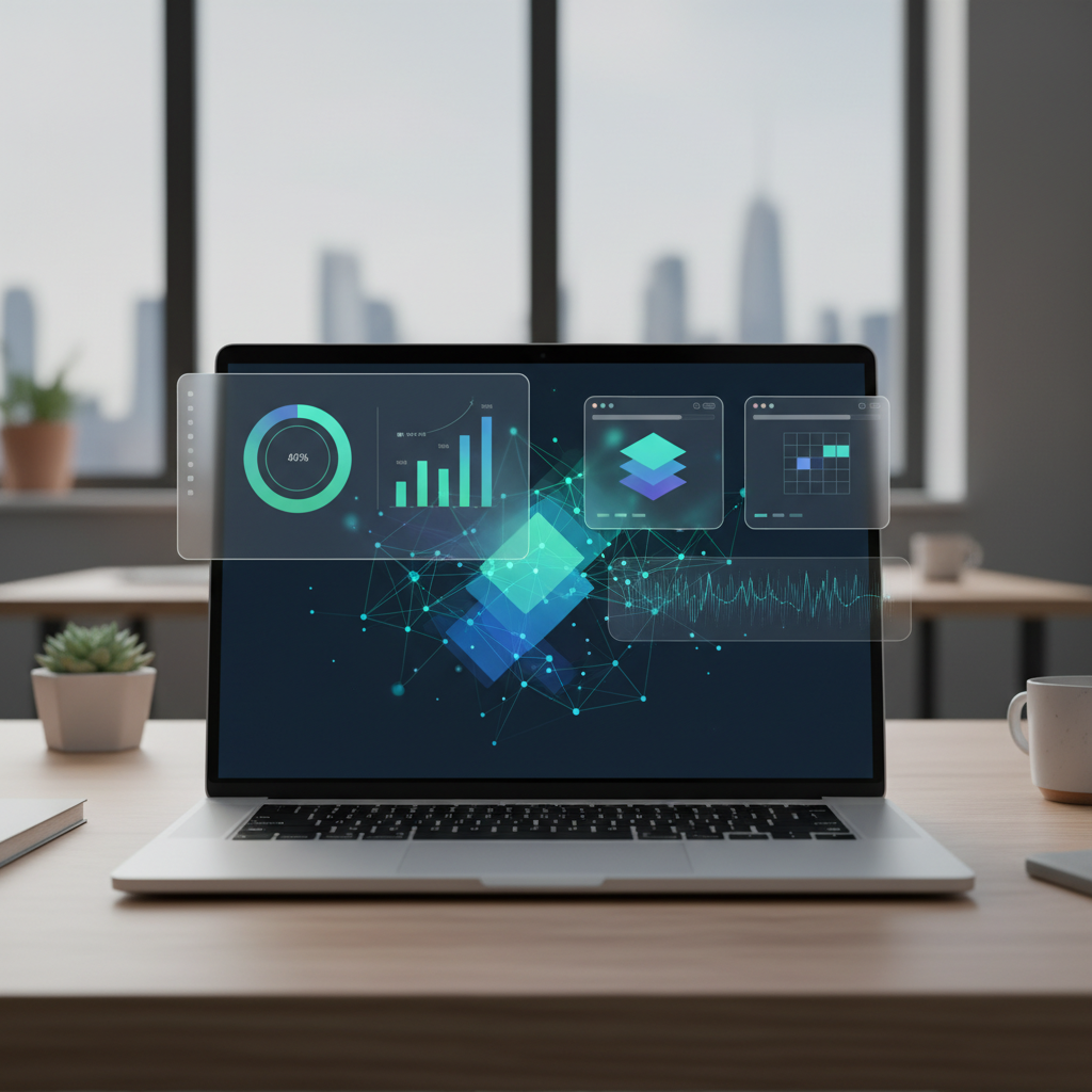 web design portfolio case study page with analytics dashboard on laptop screen