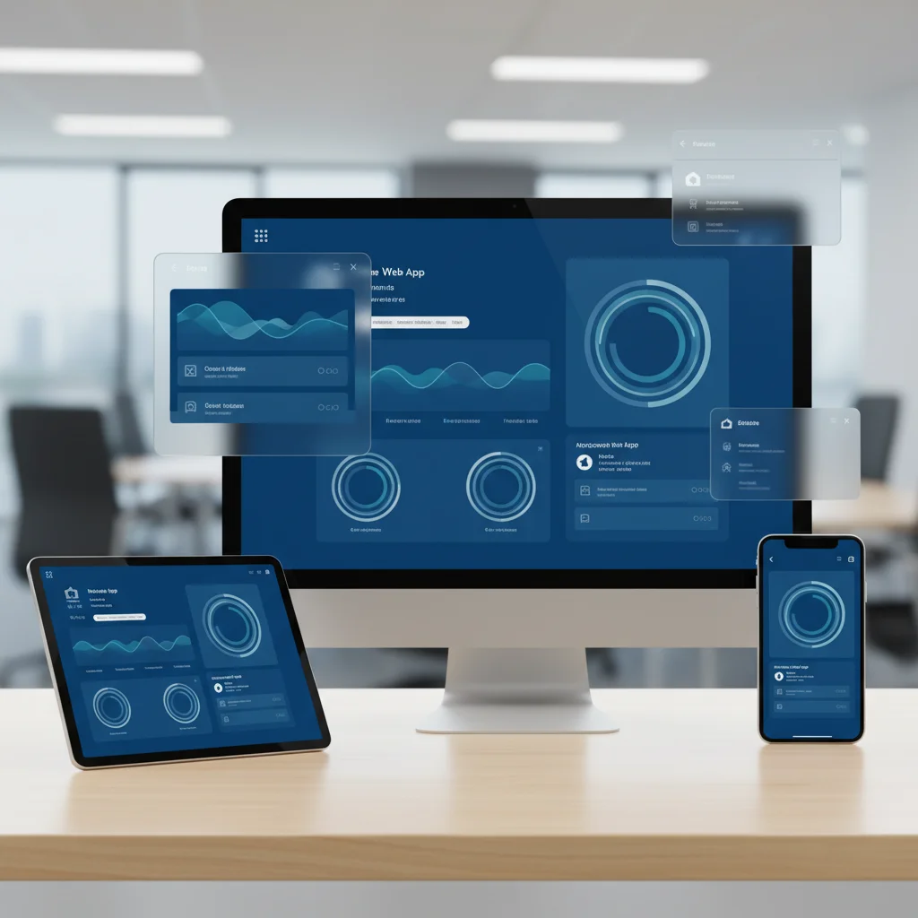progressive web app design shown consistently across tablet, mobile and desktop with app-like navigation