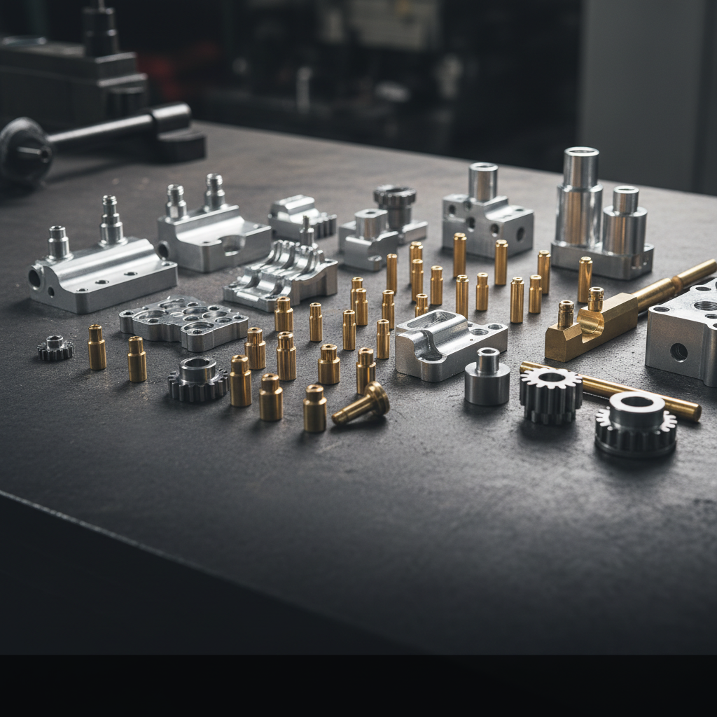 Array of automotive precision parts including valve bodies and CNC-turned components