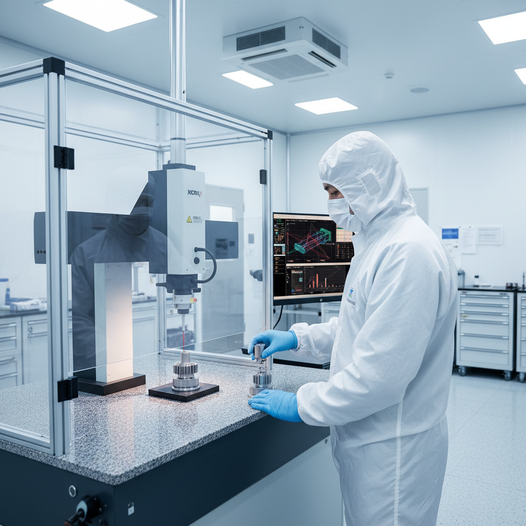 Quality engineer inspecting automotive precision parts on a coordinate measuring machine