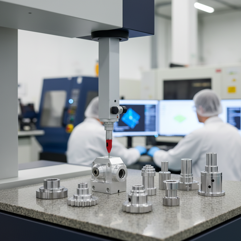 Quality inspection of precision machined parts using CMM coordinate measuring machine in a precision machining services facility