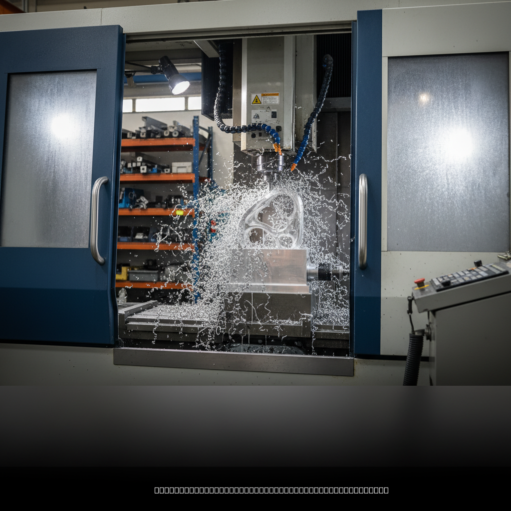 CNC machine performing machining aluminum parts operation with precision cutting tools