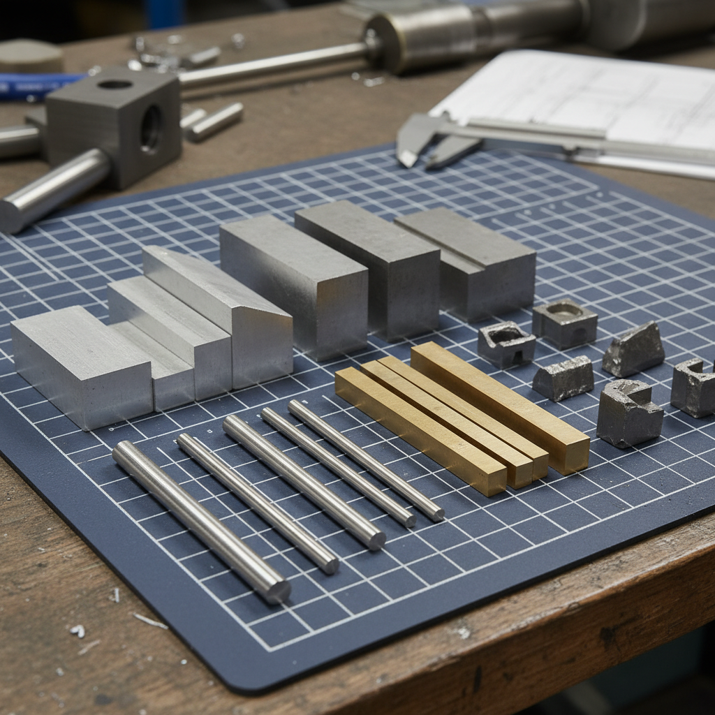 Precision metal parts material samples including stainless steel, aluminum, brass, and titanium