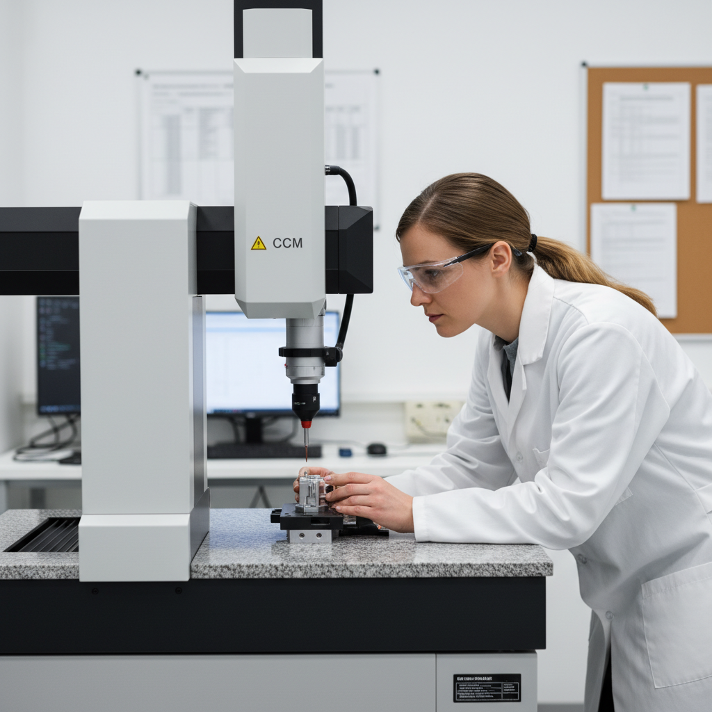 Quality inspector measuring precision metal parts using a coordinate measuring machine CMM