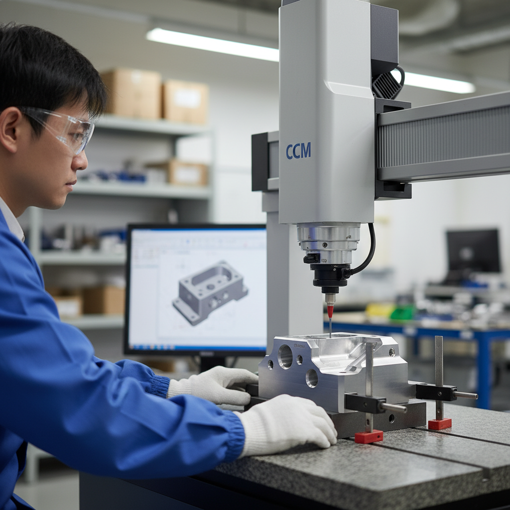 Quality control engineer inspecting precision CNC milling services parts using coordinate measuring machine