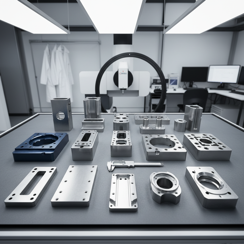 Various precision CNC milling services parts arranged on an inspection table showing different machining types