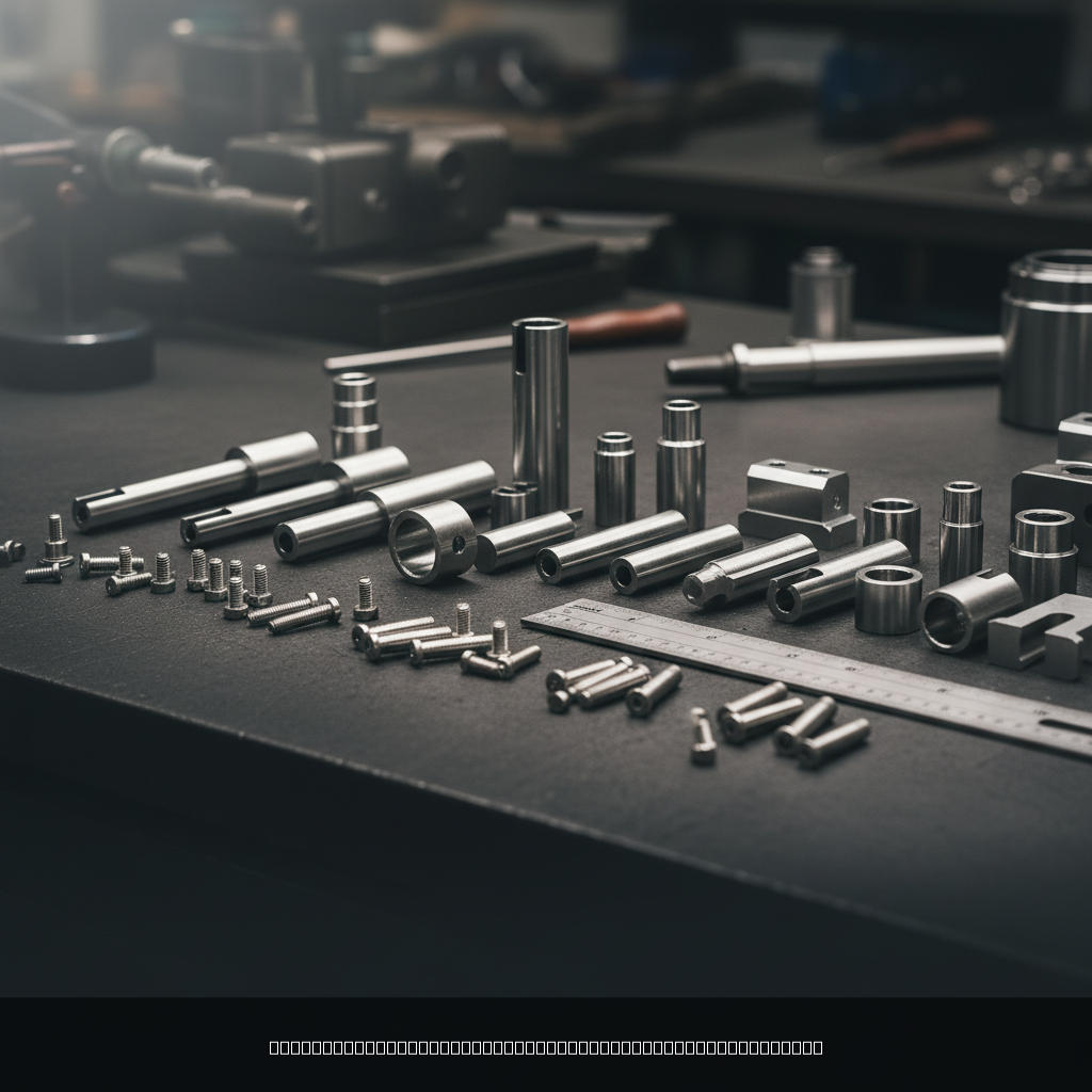 Array of precision metal parts including CNC turned shafts and machined connectors
