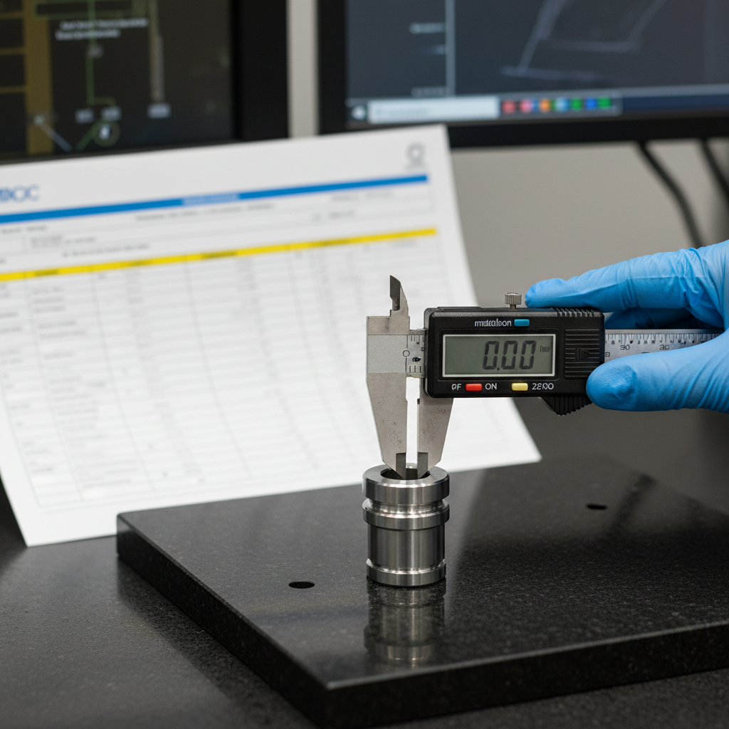 Quality inspector measuring precision quick turn machining parts with digital micrometer and inspection report