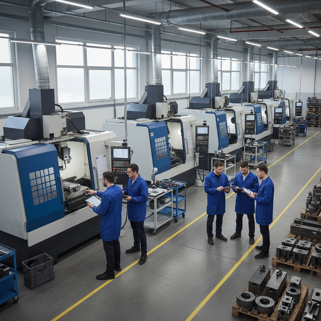 Modern CNC machine shop floor providing steel machining services with 5-axis equipment and engineering team