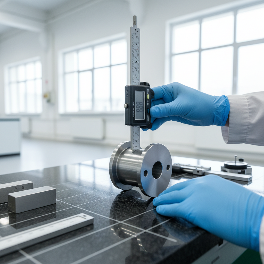 Quality inspector measuring precision steel machined part as part of steel machining services quality control