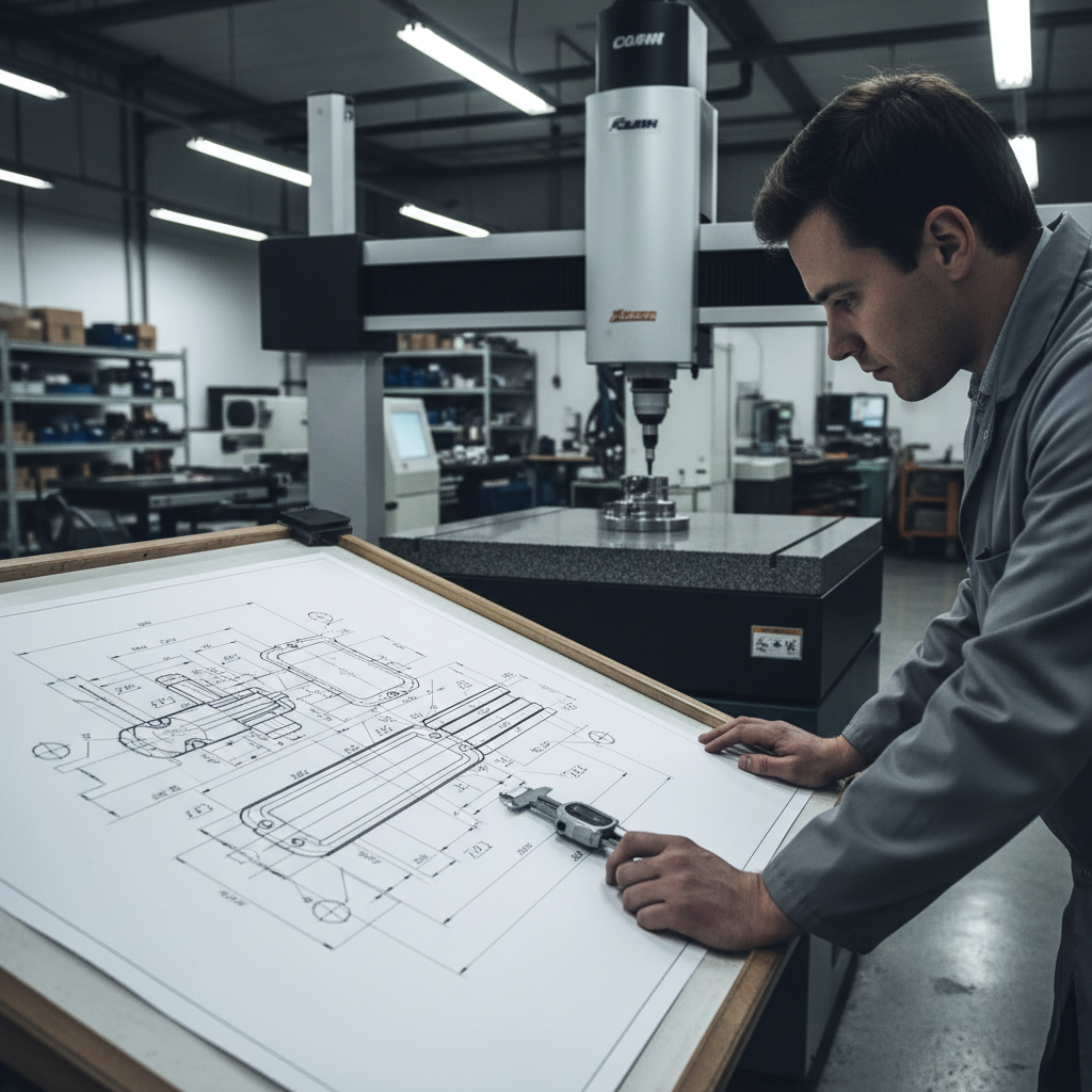 engineer reviewing machining tolerances explained on technical drawing with GD&T symbols and CMM machine