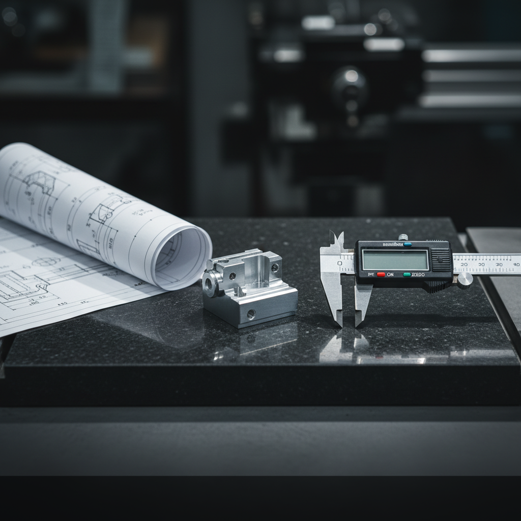 machining tolerances explained with CNC machined part and digital calipers on inspection surface