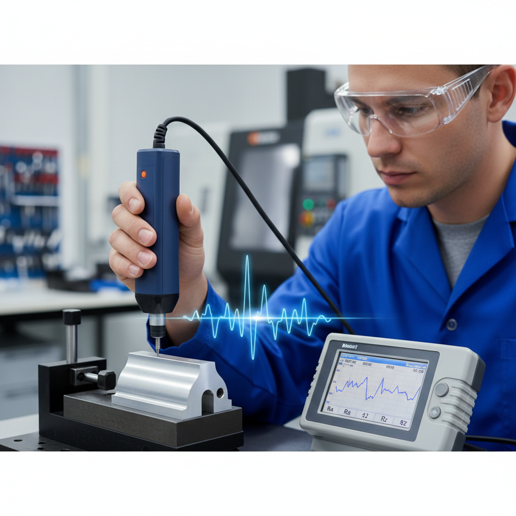 Quality engineer measuring surface finish CNC machining results with digital profilometer showing Ra and Rz roughness values on precision machined part