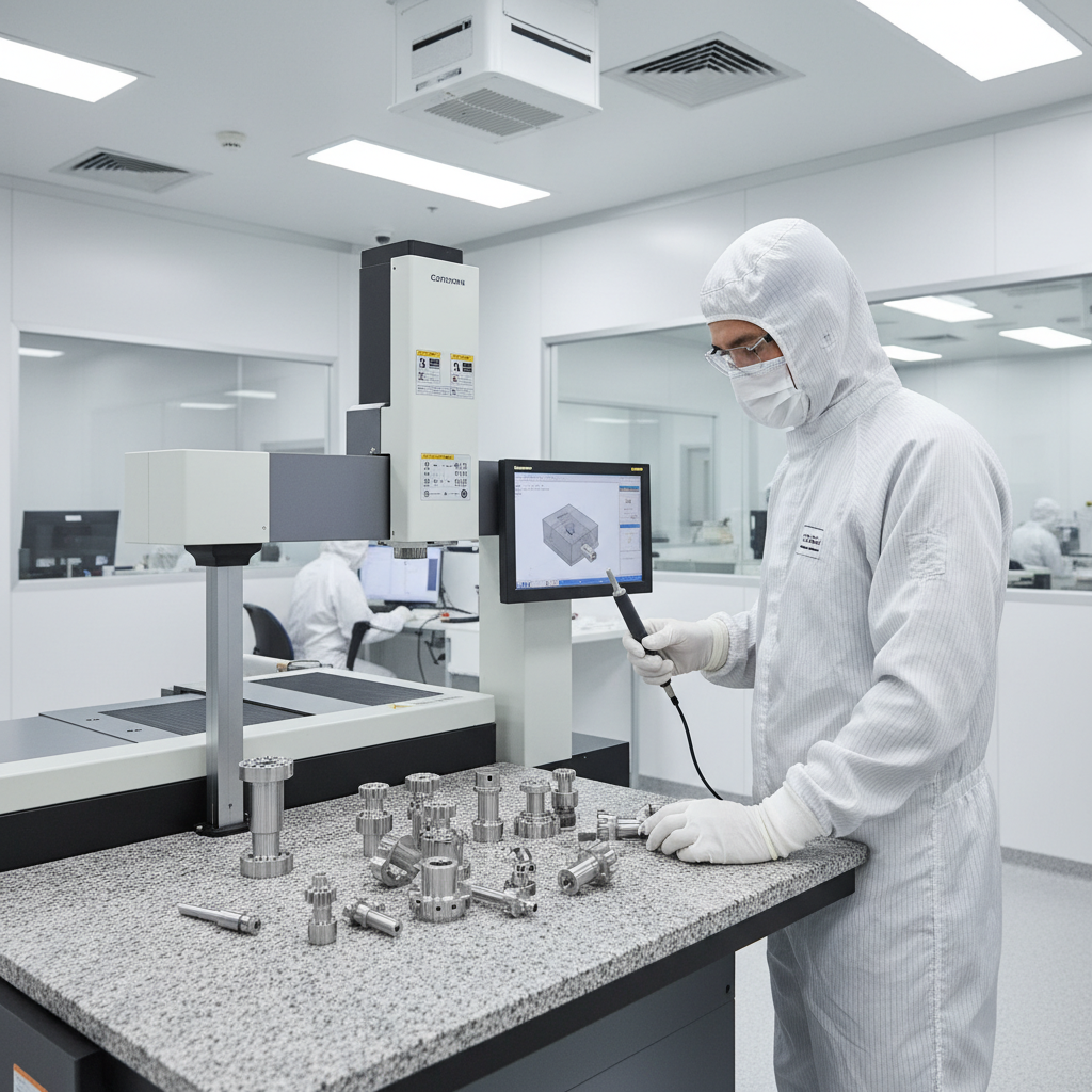Quality engineer inspecting swiss machining technology parts on coordinate measuring machine for ISO certification compliance