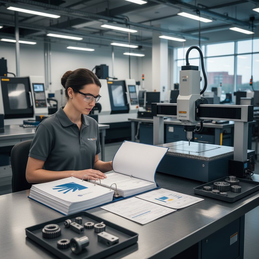 Quality engineer reviewing ISO 9001 precision machining certification documents and CMM measurement reports