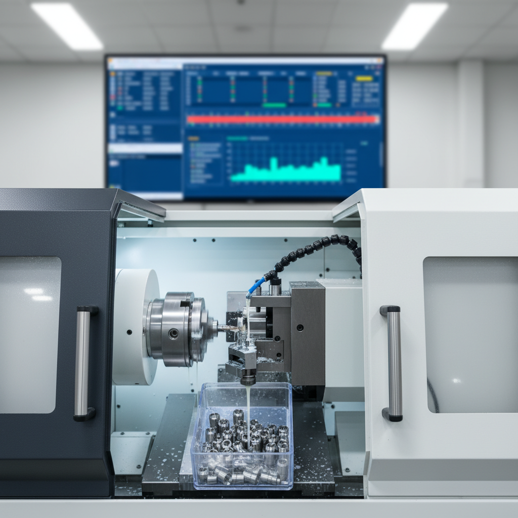 Swiss lathe CNC machine producing ISO 9001 precision machining small parts with quality control data monitoring