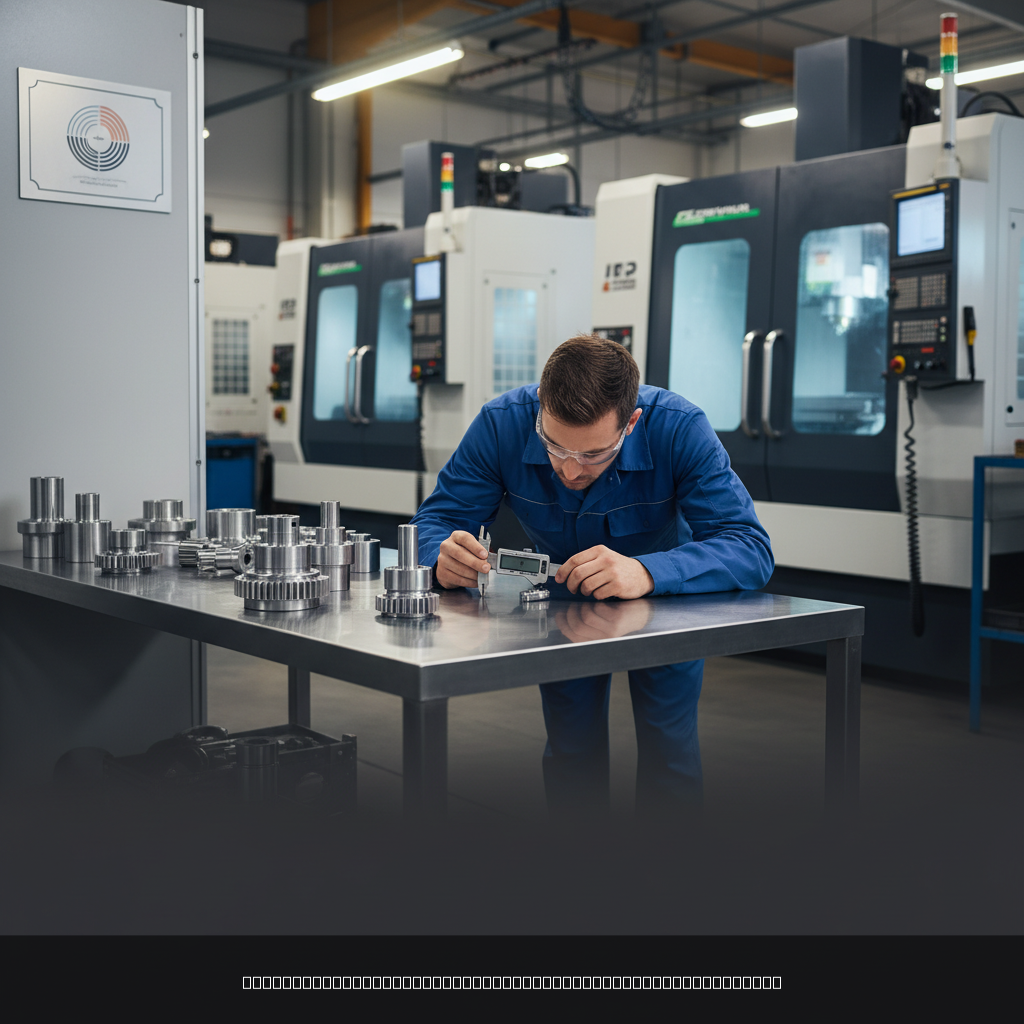 ISO 9001 precision machining quality control technician measuring small CNC machined parts on inspection table